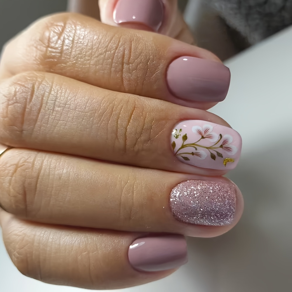 E-shop 24 Stück Kurze Quadratische Aufdrück-Nagel Set, Blumen Glitzer Design Tragbare Nägel, Geeignet für Frauen und ' Tägliche Kombination, mit Jelly