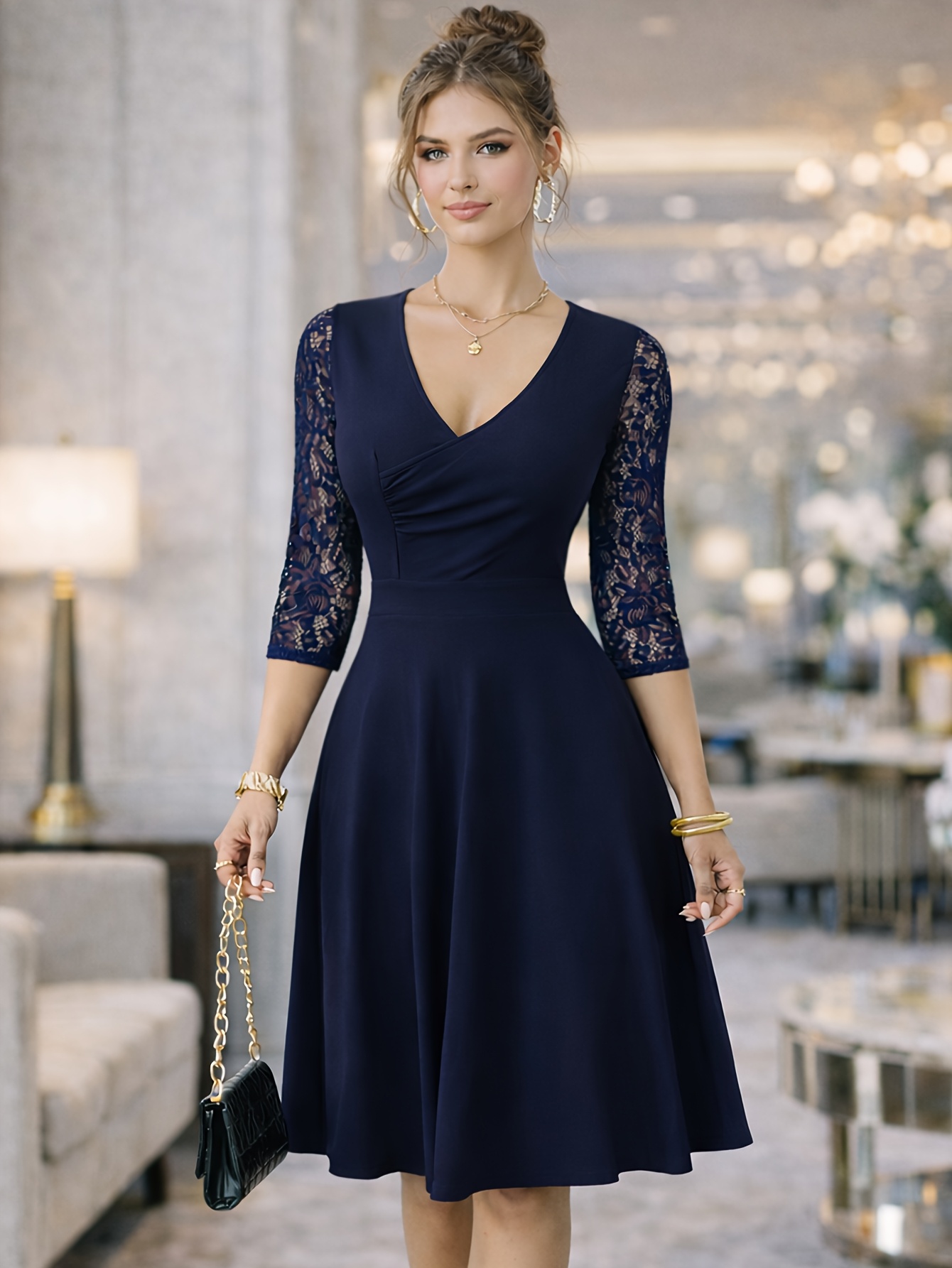A-Line Dress with V Neck And Lace Sleeves for Women, Perfect for Weddings And Cocktail Parties