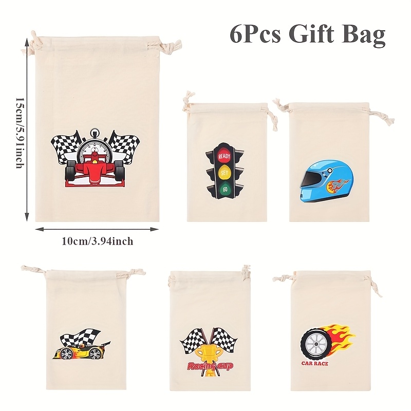 TEMU Gift For Her/him 6pcs, Racing Theme Drawstring Gift Bags, Racing-themed Patterns Packaging Bag, Racing Party Favor Bags, For Crafts Storage,