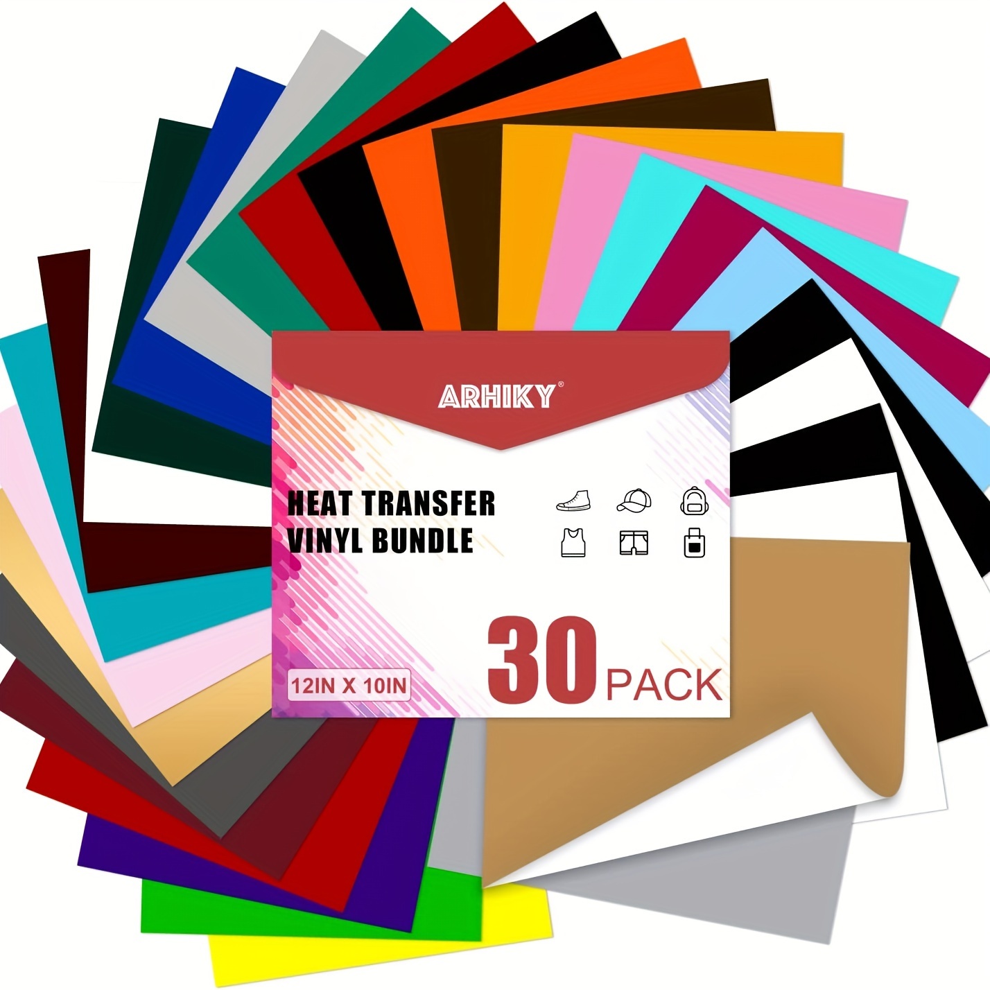 

30-piece Premium Heat Transfer Vinyl Sheets, 12" X 10", Assorted Colors - Ideal For Diy T-shirts & Crafts