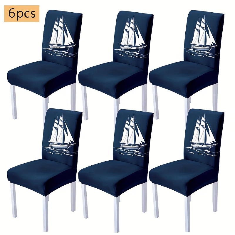 TEMU [] 4/6pcs Housse de Chaise Bleu Motif - Housse de Chaise en Tissu Fibre Élastique, Convient pour les Repas Familiaux Quotidiens, les Fêtes à