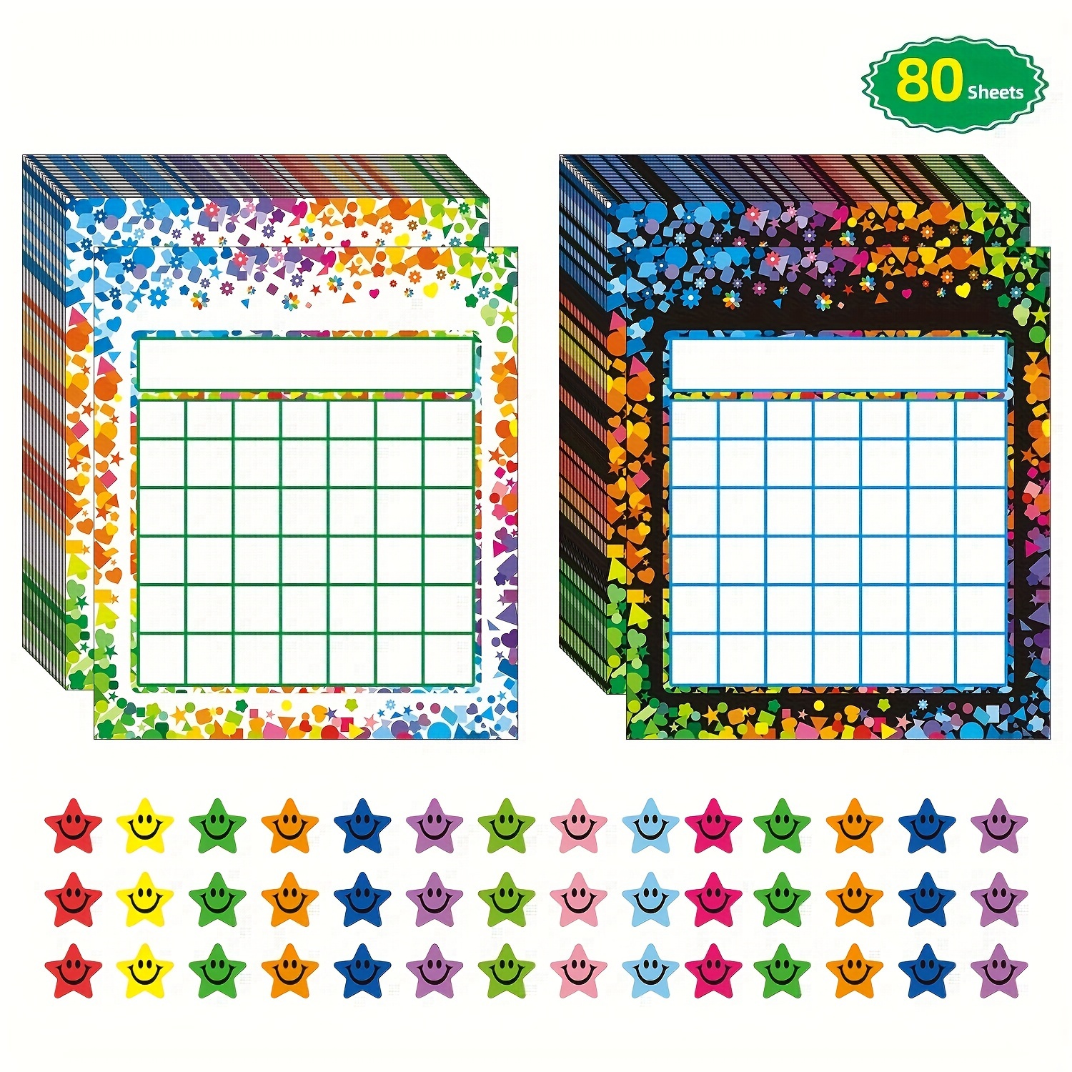 

80 Sheets Of Classroom Incentive Charts For 2 Designs With 2400pcs Colorful Star Stickers For Classroom Teaching Or Family Using And Early Education