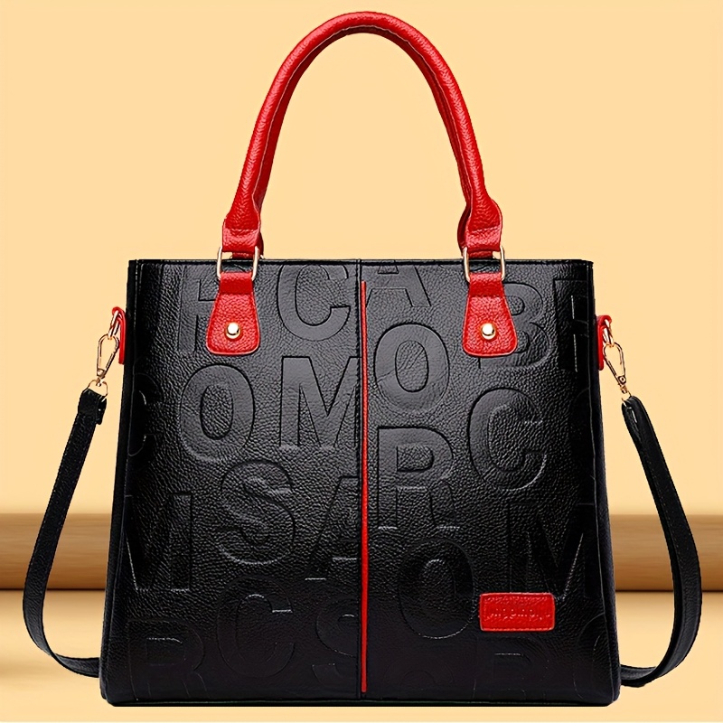 Women's Fashion Elegant Embossed Letter Style Tote Bag Large Capacity Color Multi-pocket Shoulder Bag Commuting Handbag Gift Bag Work Bag Multi-functional Travel Backpack