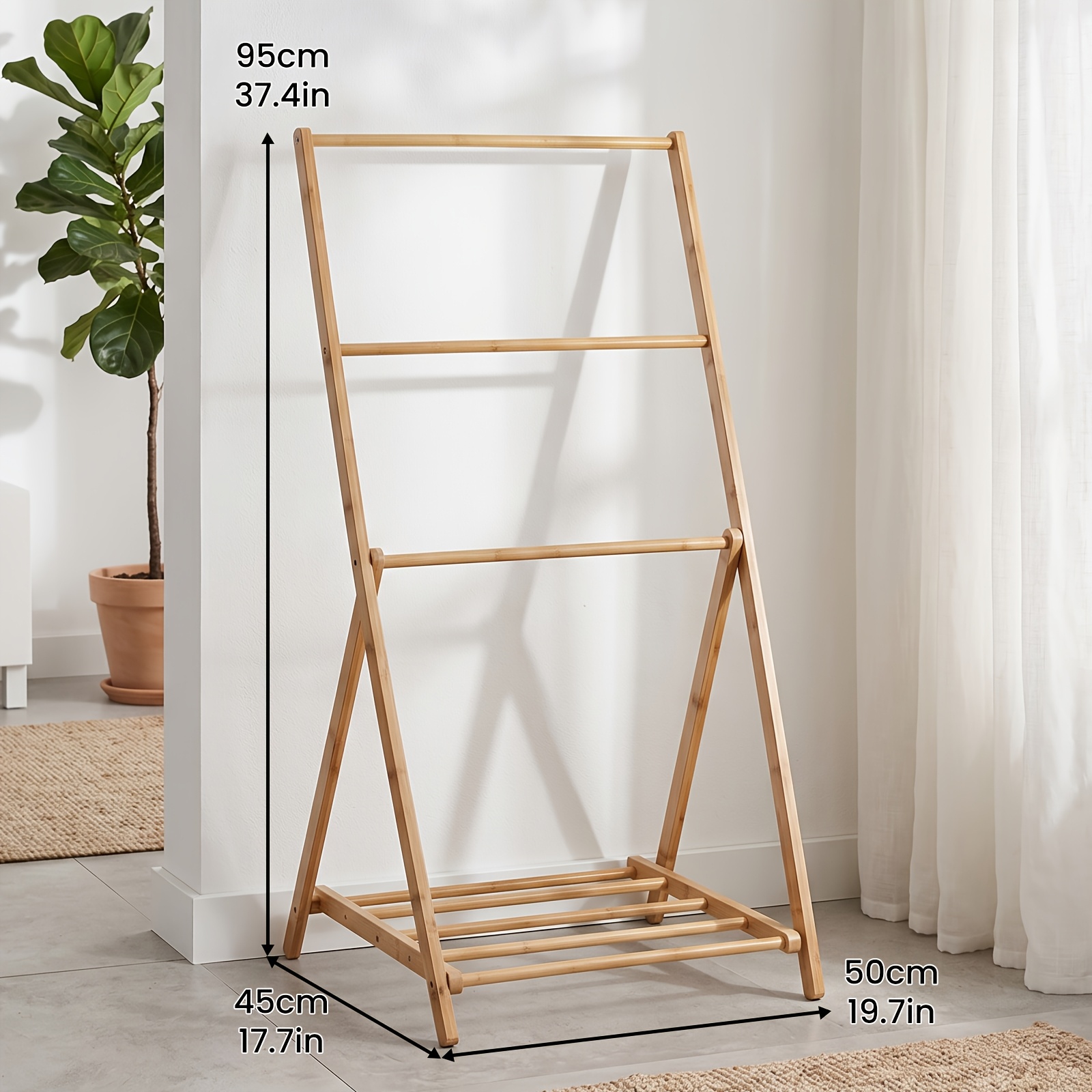 Rack, Wooden Clothes Drying Rack With Stable Triangular Base, Durable Bamboo Construction, Bottom Shoe Storage Rack, Small Clothing Rack For Bedroom, Balcony, , Bathroom