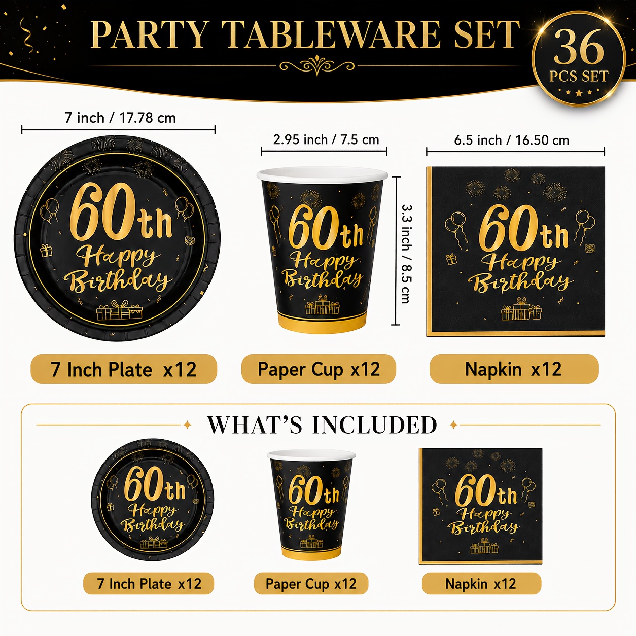TEMU Ensemble de vaisselle de fête noir et doré 60 ans, 36/72 pièces, assiettes et serviettes de table de 7/9 pouces et tasses, matériau épais de