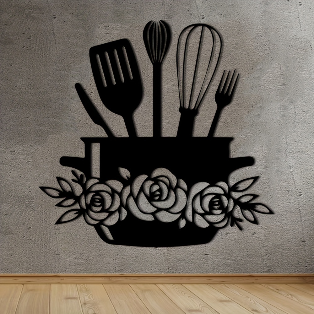 

1pc Black Metal Kitchen Decor Sign, Artistic Over-the-stove Wall Decor With Floral & Utensil Design, Metal Wall Art For Home Kitchen Decoration