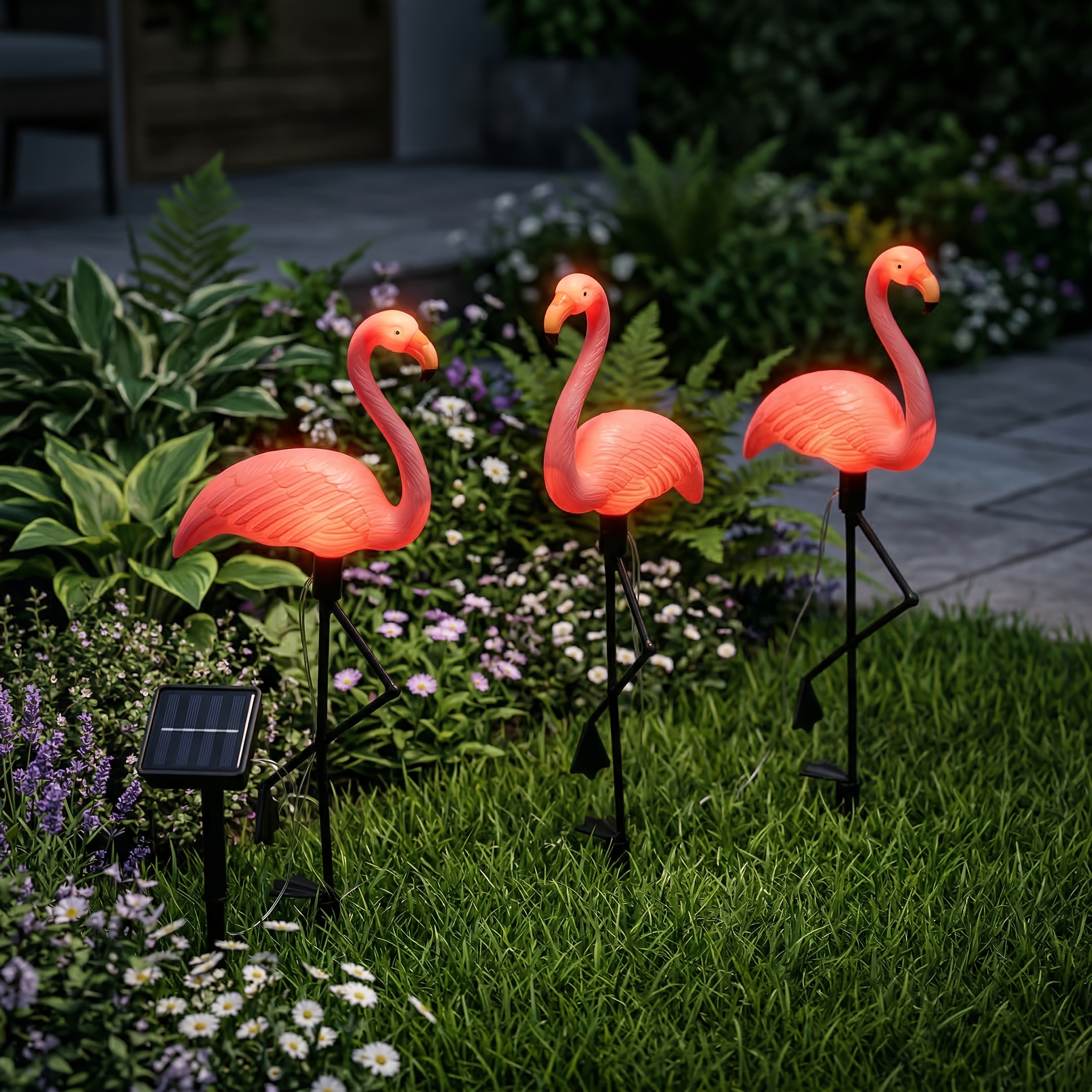 Image of 3pcs Solar Light Outdoor Light, Outdoor Flamingo Sculpture, Garden Decoration Floor Lamp, Suitable For Courtyard Pond Backyard Decoration - Ip65