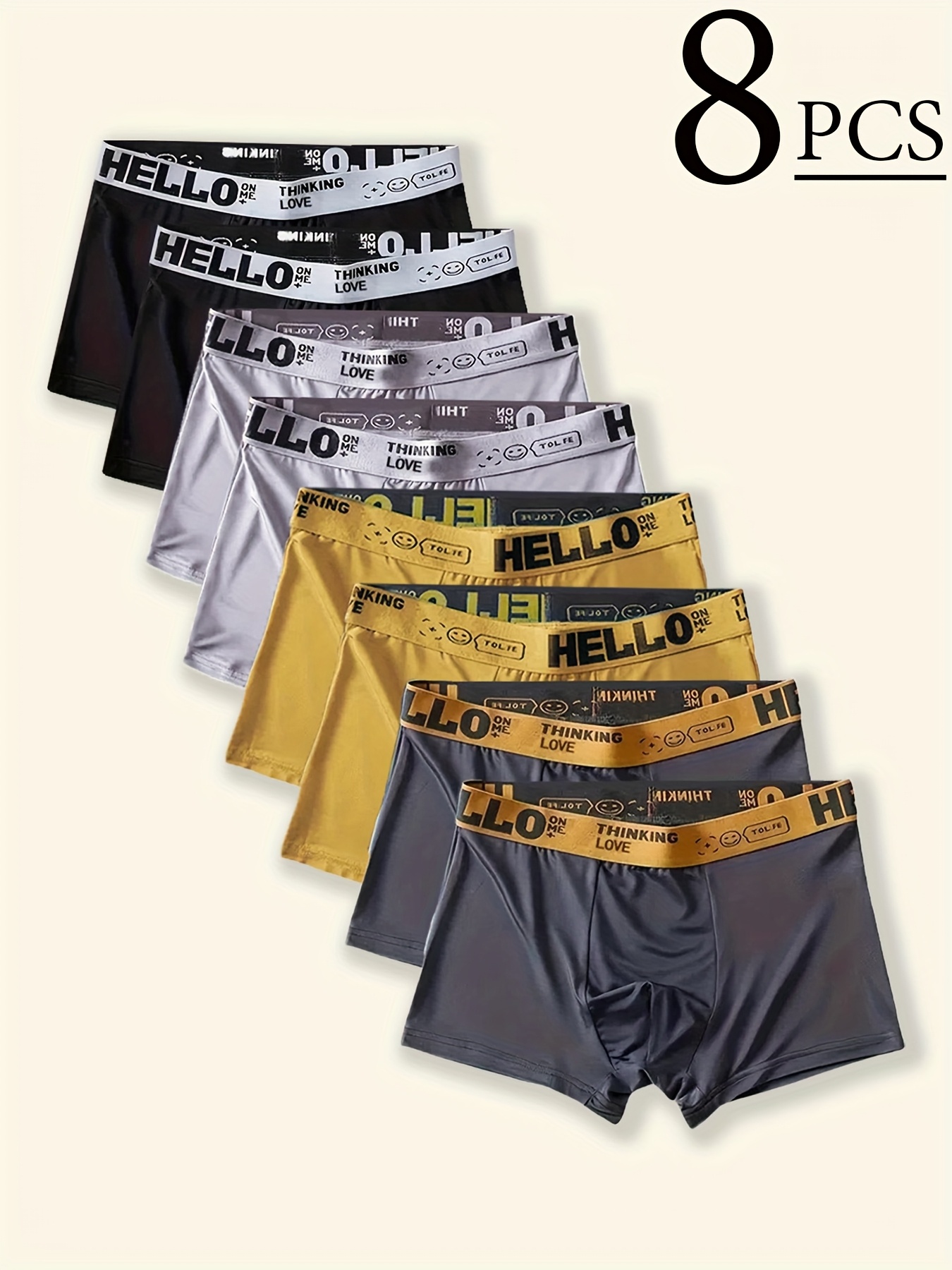 8 pack mens boxer briefs hello print waistband breathable comfortable stretch underwear in   black white yellow gray for casual attire casual underwear modern underwear stretchy fabric