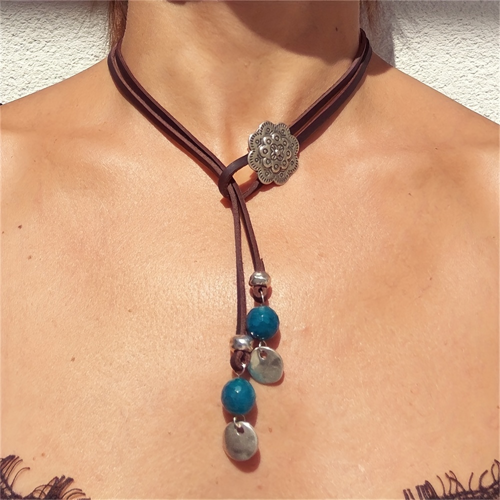 

Bohemian Style Pu Leather Cord Choker Necklace For Women With Vintage Flower Pendant And Blue Bead Accents