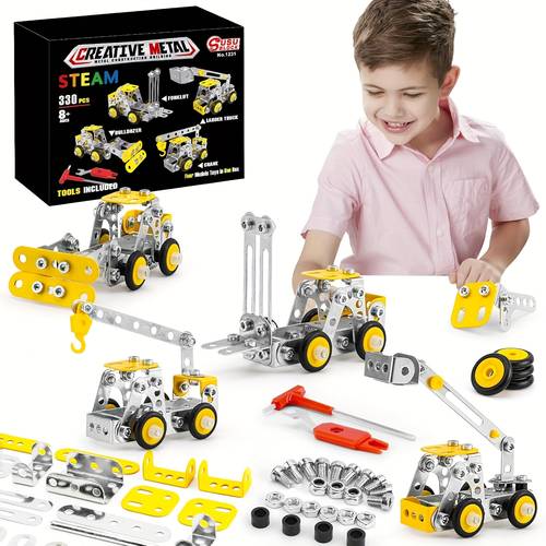 stem building toys metal engineering vehicles model kit 330pcs sets for boys 4 models learning toy metal models