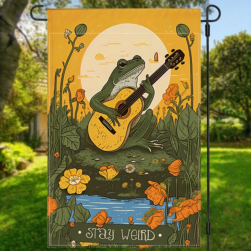 

1pc, Stay Weird Garden Flag, Funny The Frog Playing The Guitar Print Yard Flag, Small Burlap Flag Double Sided Waterproof Banner Wall Hanging 12x18inch