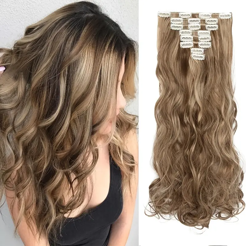 8pcs long clip-in hair extensions - waves, light to dark brown gradient, synthetic fiber hairpiece with clips for women - wedding, party, everyday volume & length - adds instant length & body details 6