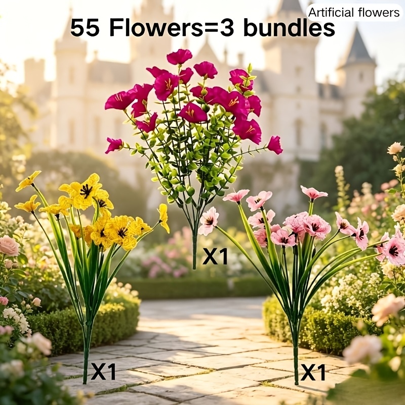 TEMU 55 orchidées colorées, 3 bouquets de fausses fleurs en plastique résistantes aux UV et ne se décolorant pas, décoration d'ornements pour jardin