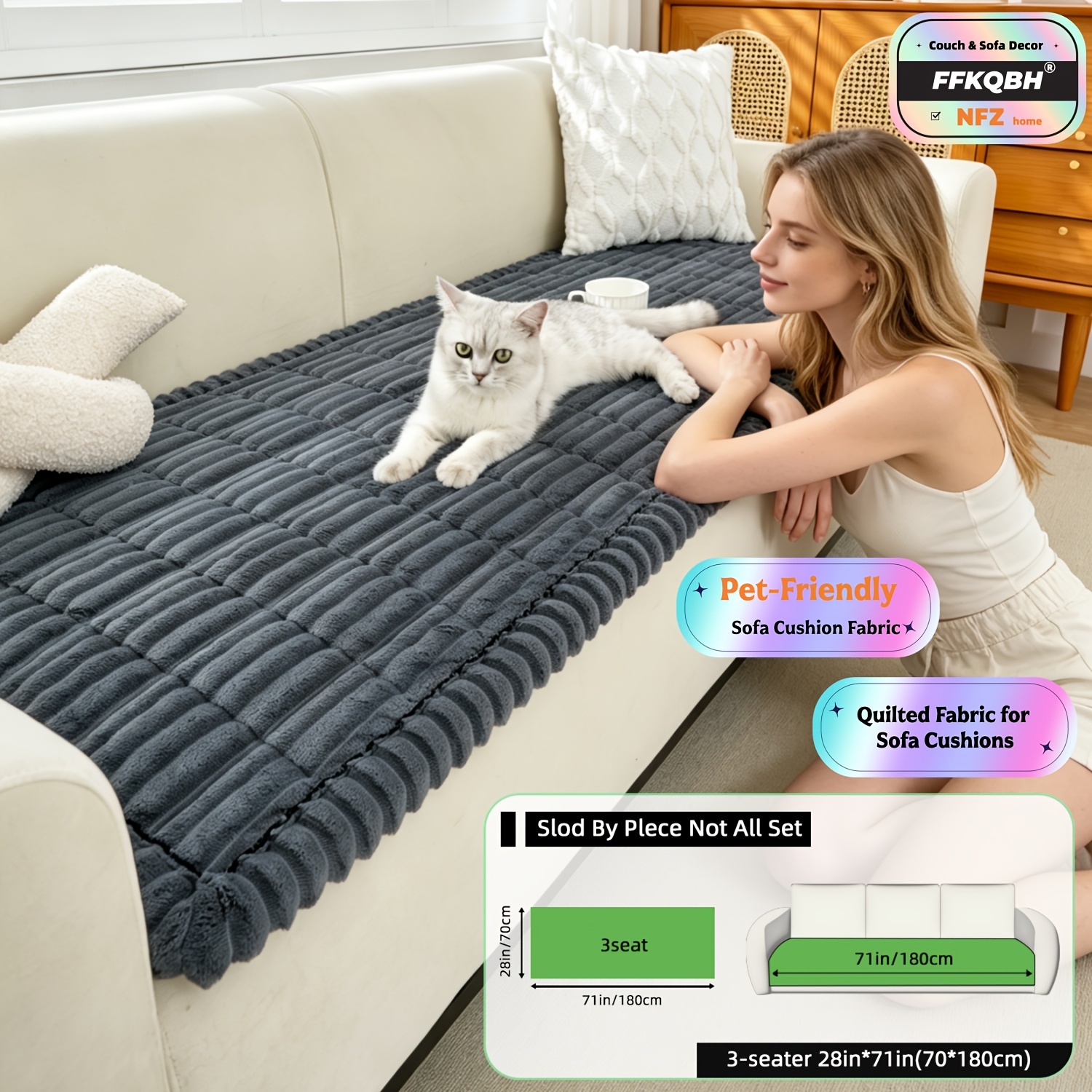 TEMU 1pc Autumn And Winter Universal Thickened And Warm Flannel Non-slip Sofa Cushion With Quilting And Striped Texture Craft - Pet-friendly,