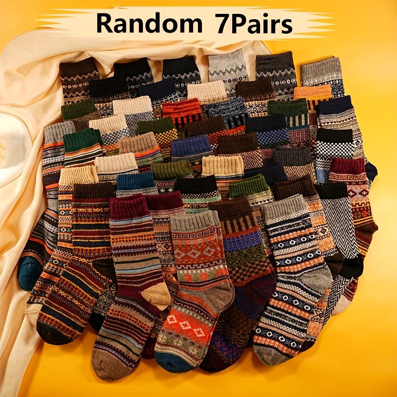 

7 Pairs Vintage Tribal Pattern Knit Socks - Polyester And Lycra Blend, Thick Warm Crew Socks For Men And Women, Non-slip Elastic Stretch, 95% Polyester 5% Elastane, Machine Washable