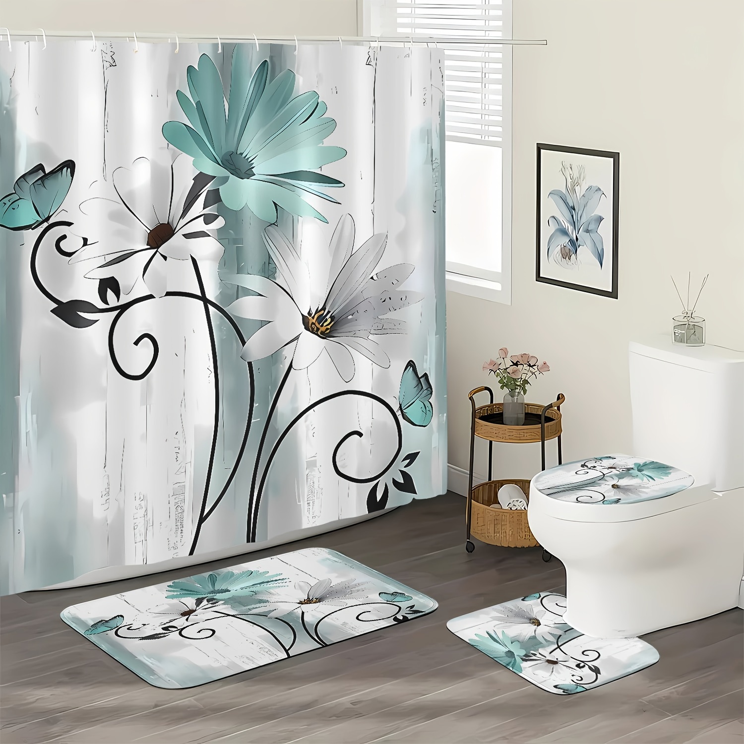 

1/ 4pcs Retro Wood Grain Flower Shower Curtain Set, Waterproof Shower Curtain With 12 Hooks, Non-slip Bathroom Rug, Toilet U-shaped Mat, Toilet Seat Cover Mat, Bathroom Decoration