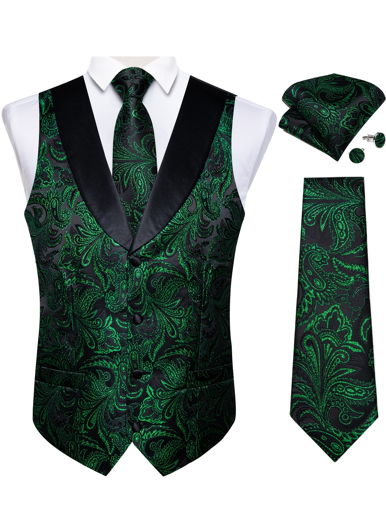 stylish paisley vest set with   collar tie handkerchief cufflinks