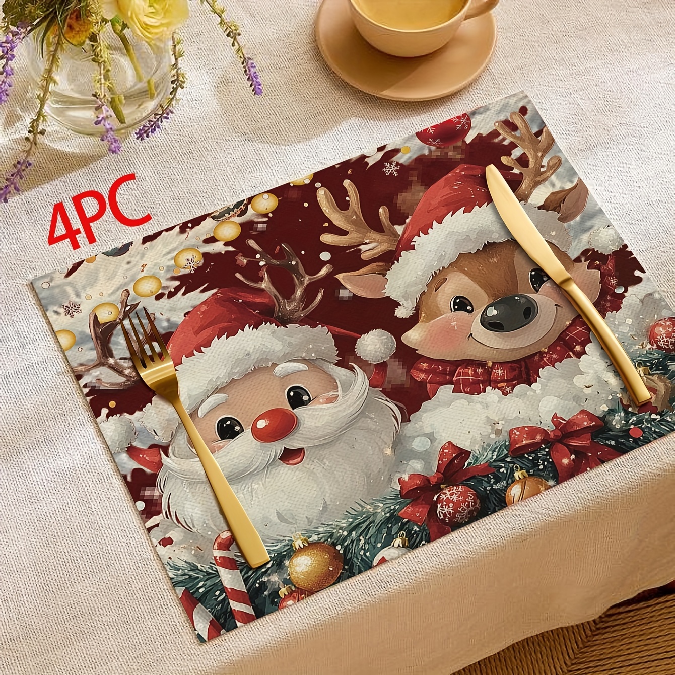 

4pcs Christmas Placemats Set - Table Christmas Snowman, Washable, Linen, Rectangular, Knitted, For Table Decor, 12x18