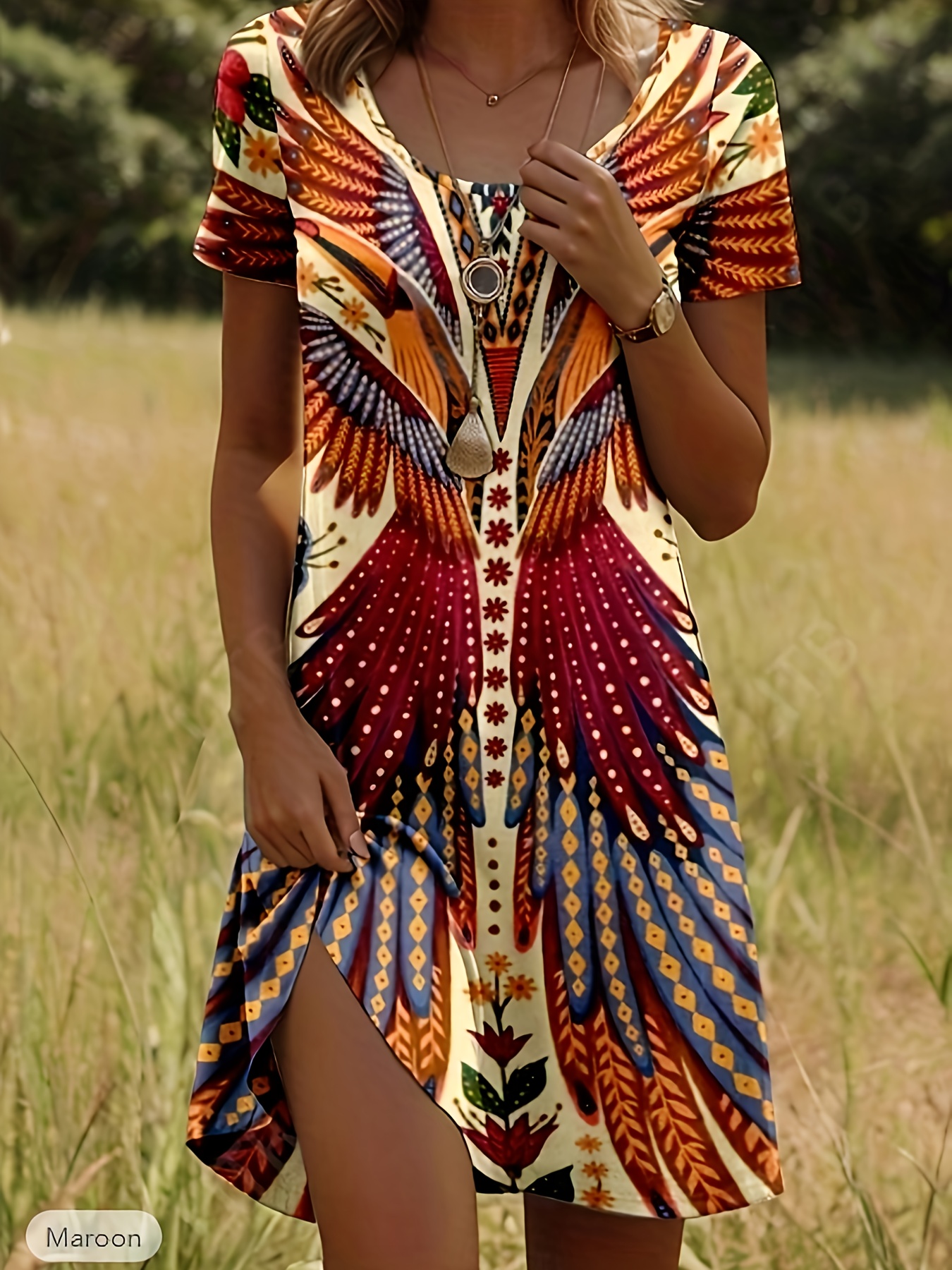 Robe élégante pour femme - Coupe A, Imprimé floral, longueur genou, manches courtes, col rond, lavable en machine, polyvalente du printemps à l'automne, confortable et tendance