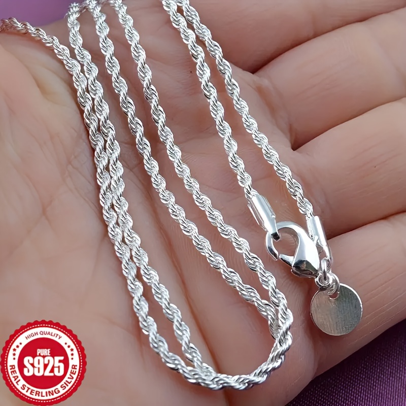 

925 Sterling Silver Twisted Rope Chain Necklace, Simple Hip-hop Style, Shiny Basic Chain, Women's Jewelry Accessories, Elegant Design