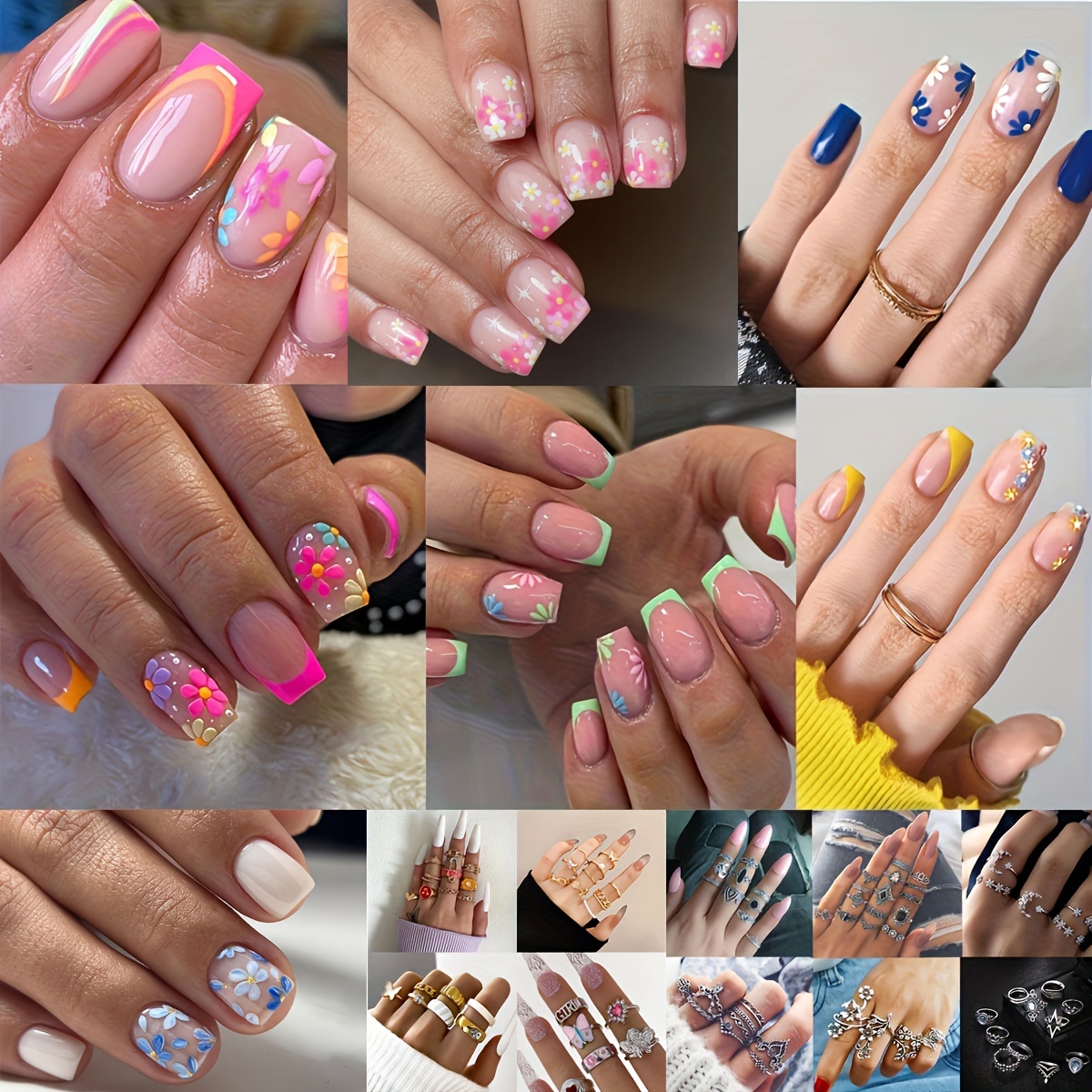 

268pcs - 7 Pack Vibrant Flower French Tip Press-on Nails (168pcs ) + 100pcs Rings Set Short Square Full Coverage & Glossy Finish -perfect For Women & Girls Spring/summerstyle -a Fashion-forward