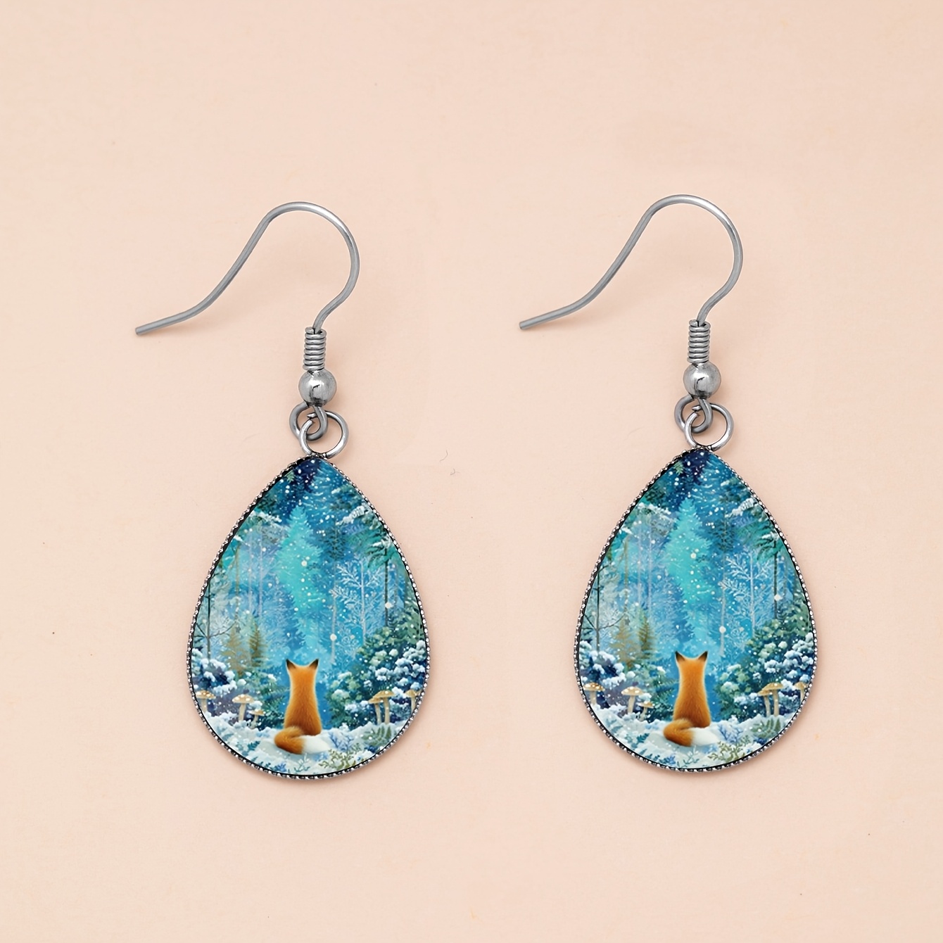 Winter Snowy Forest Red Fox Pattern Teardrop Earrings