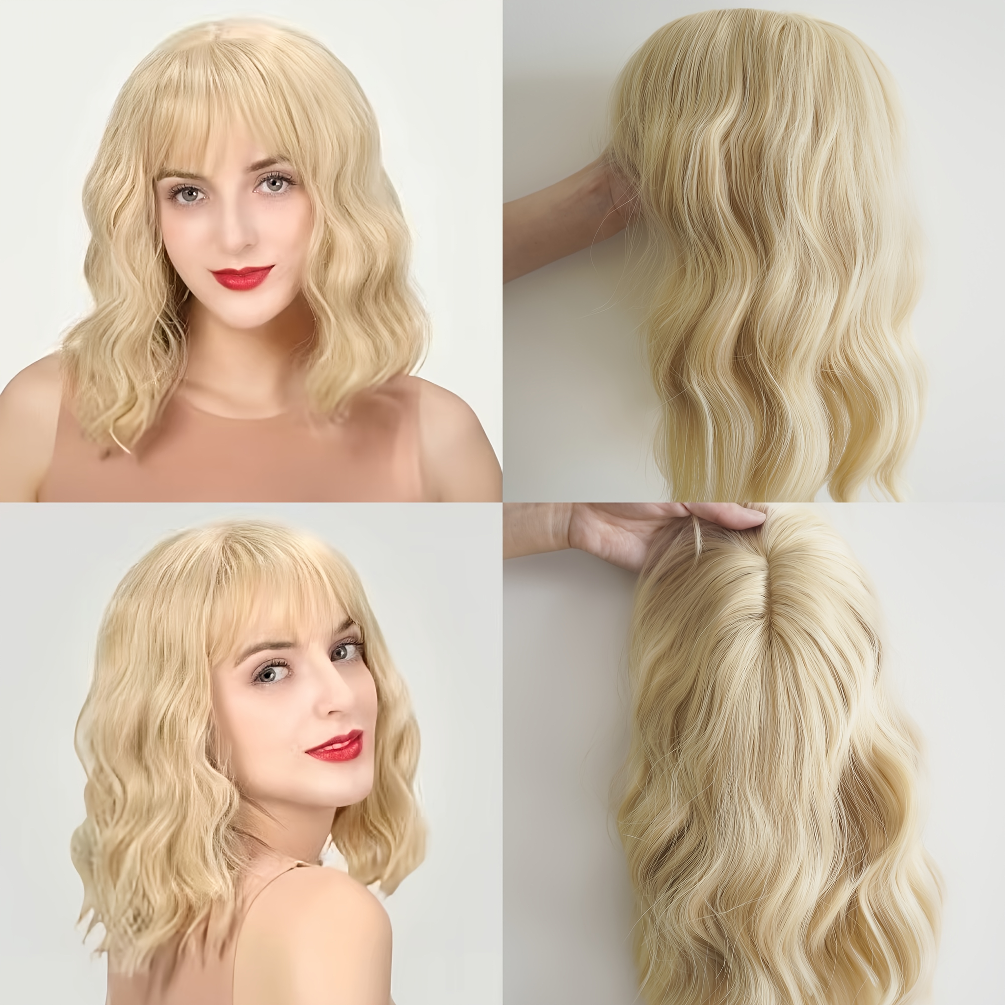 

Elegant 14-inch Blonde Hair Topper With Bangs - Synthetic Fiber, Lace Front For Women, & Date Nights