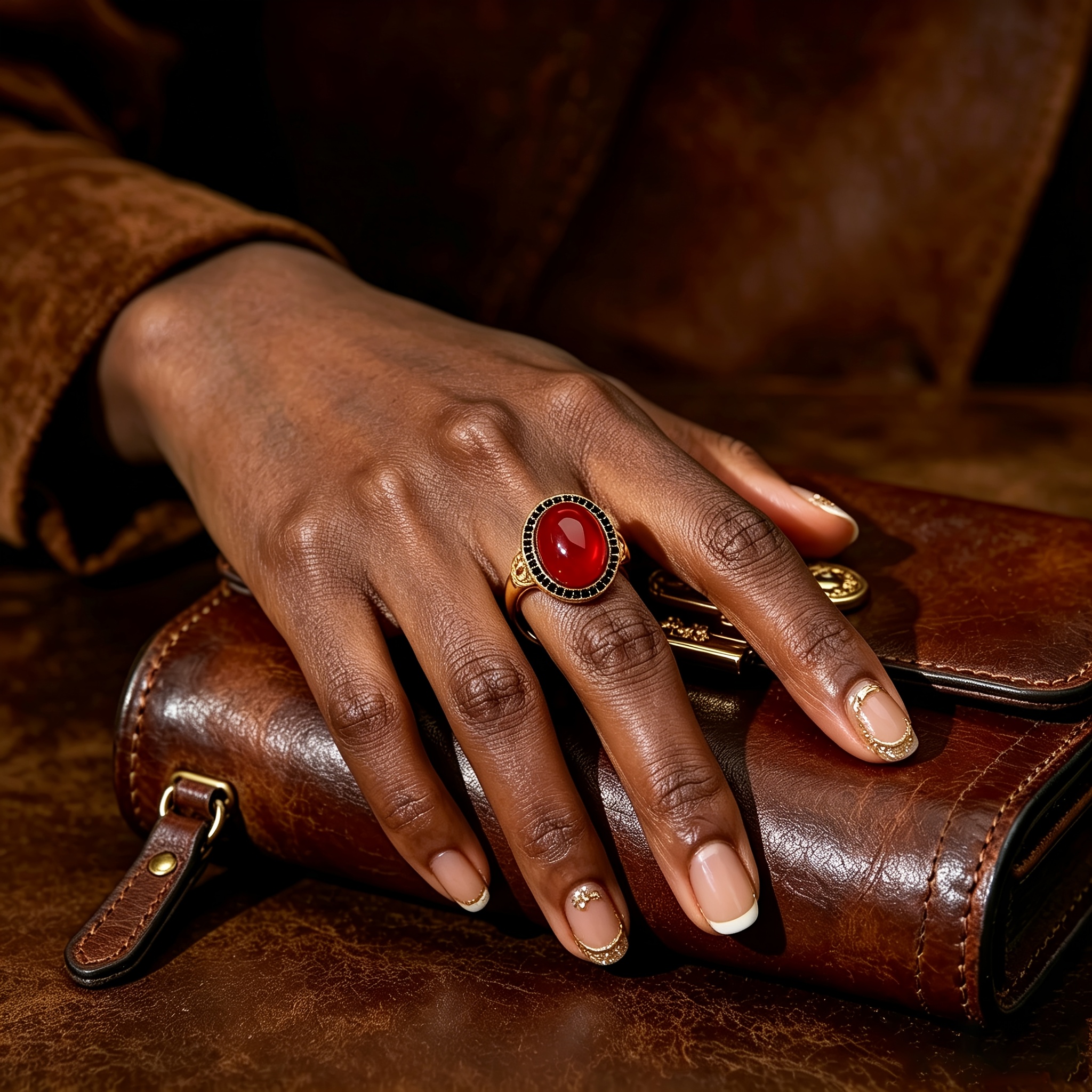 Women's Retro Court Style Red Agate & Black Zirconia Ring
