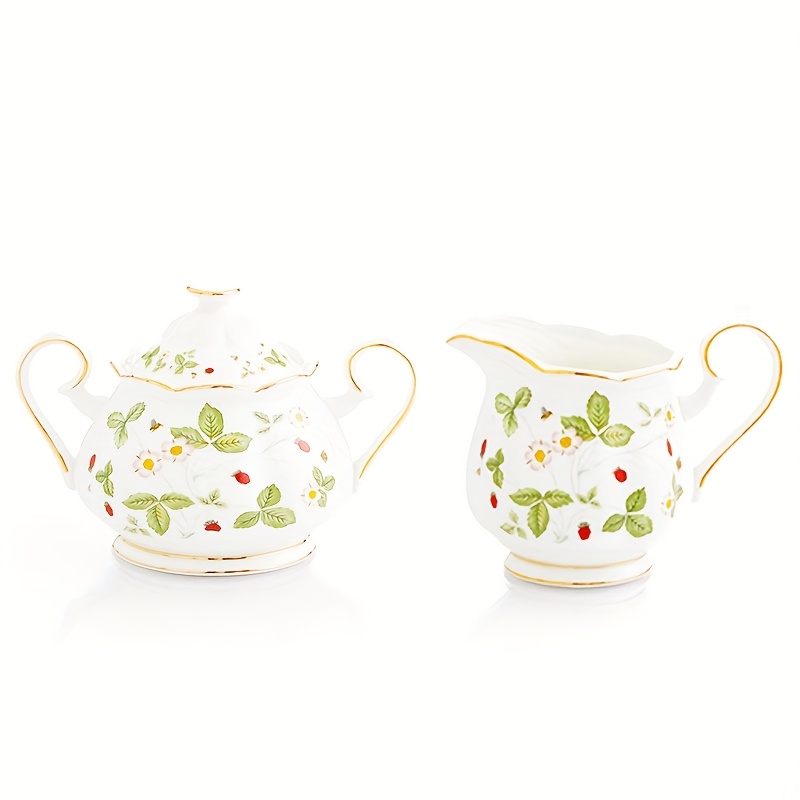 Wild Strawberry Ceramic Sugar Pot + Milk Jug Set / Large Pot, Coffee Cup & Saucer Set with Three Different Styles to Choose From - Perfect for Afternoon Tea, Coffee, Juice, Weddings, Gifts, Birthdays, Christmas, Family, Restaurants, Banquets, Valentine's Day, Thanksgiving, and New Year Celebrations