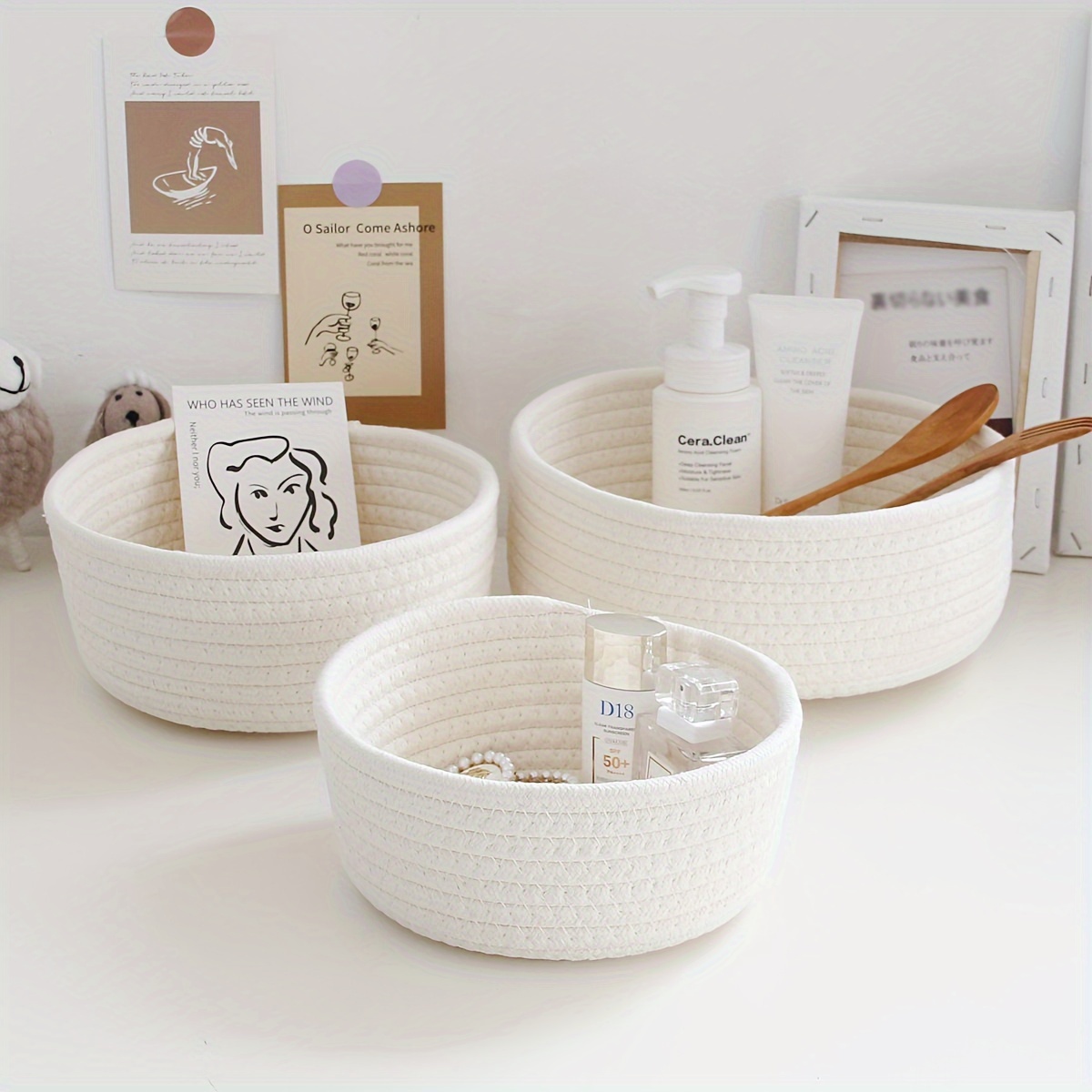 

3pcs/set Desktop Storage Basket, Woven Storage Basket, Round Storage Box, Fruit Snacks Cosmetics Storage Basket, Home Room Decor