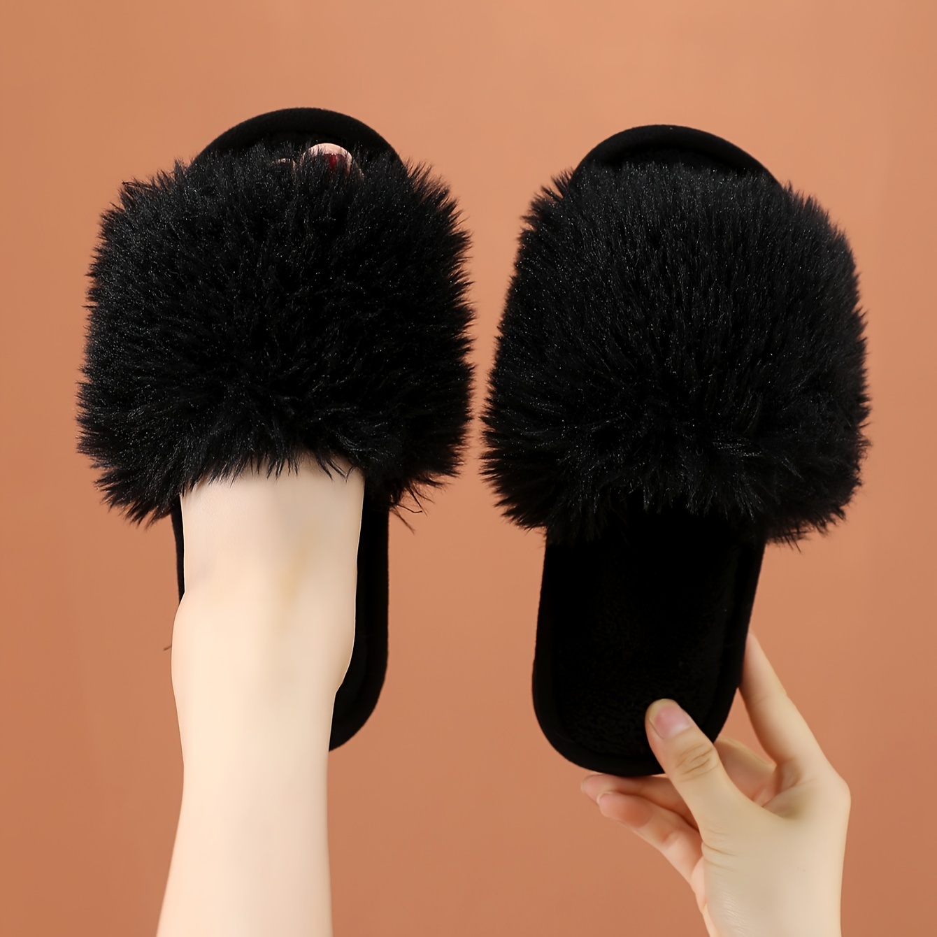

Winter Fluffy Plush Home Slippers, Cozy & Warm Open Toe Soft Sole Shoes, Comfortable Indoor Floor Slippers