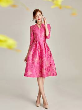 pink intricate jacquard v neck sleeve high end elegant party evening gown