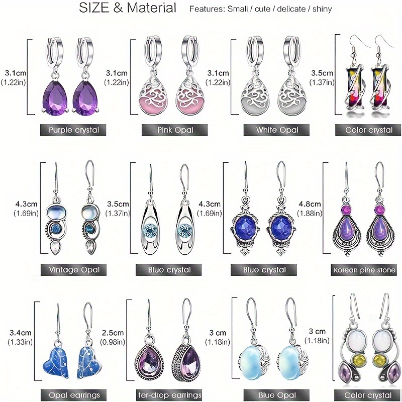 12 Pairs Colorful Artificial Crystal Dangle Earrings Set