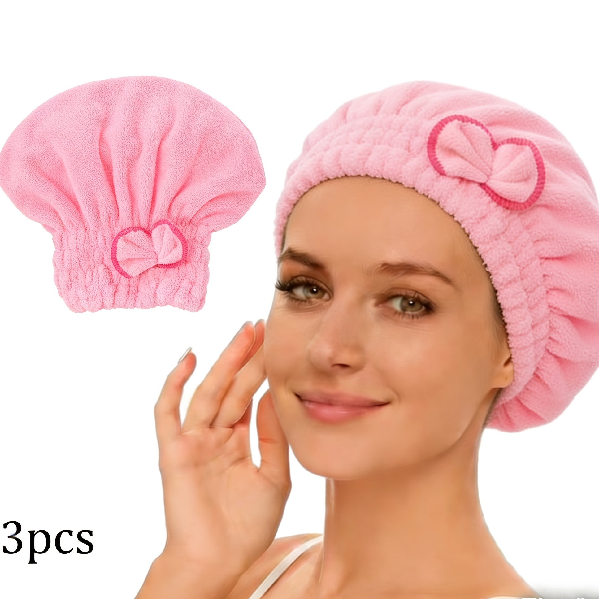TEMU 3pcs Fleece Hair Towel, Quick Dry Hair Turban, Soft Plush Shower With Bow For Home & Travel