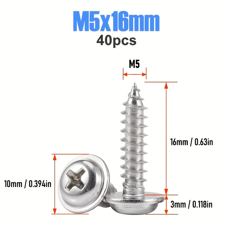40pcs M5(5mm) A2 Stainless Steel Phillips Drive Truss Head Self Tapping Screws Screws For Wood