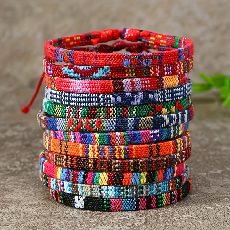 Image of Set Of 12 Multicolored Bohemian-style Fabric Bracelets, Perfect For Casual Gatherings And Beach-themed Wristwear