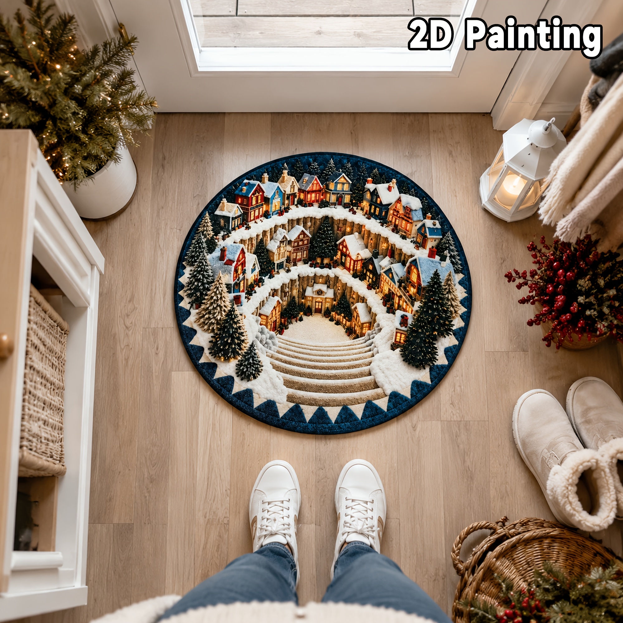 TEMU [velvet] 1pc, Christmas Theme Background Winter Staircase Pattern Carpet, Fun Visual Effect Home , Soft Non-slip Living Room Bedroom Plush