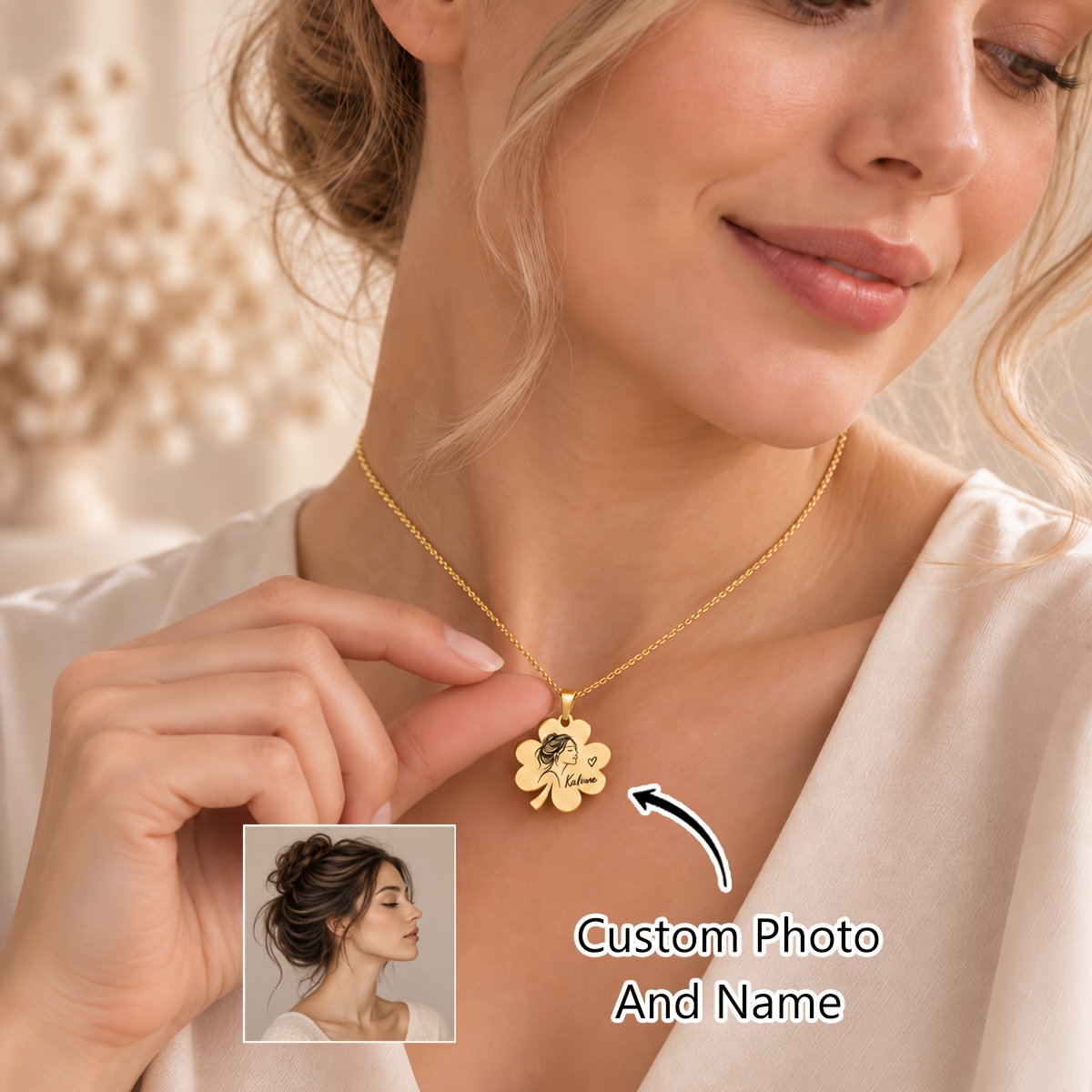 Custom Photo Line Art Flower Necklace, Personalized Name Pendant