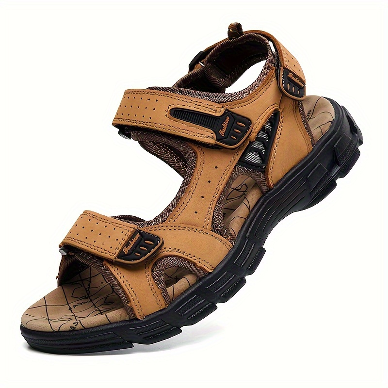 

Men's Vintage Open Toe Breathable Top Grain Cow Leather Upper Sandals, Comfy Non Slip Rubber Sole Beach Water Shoes, Men's Footwear