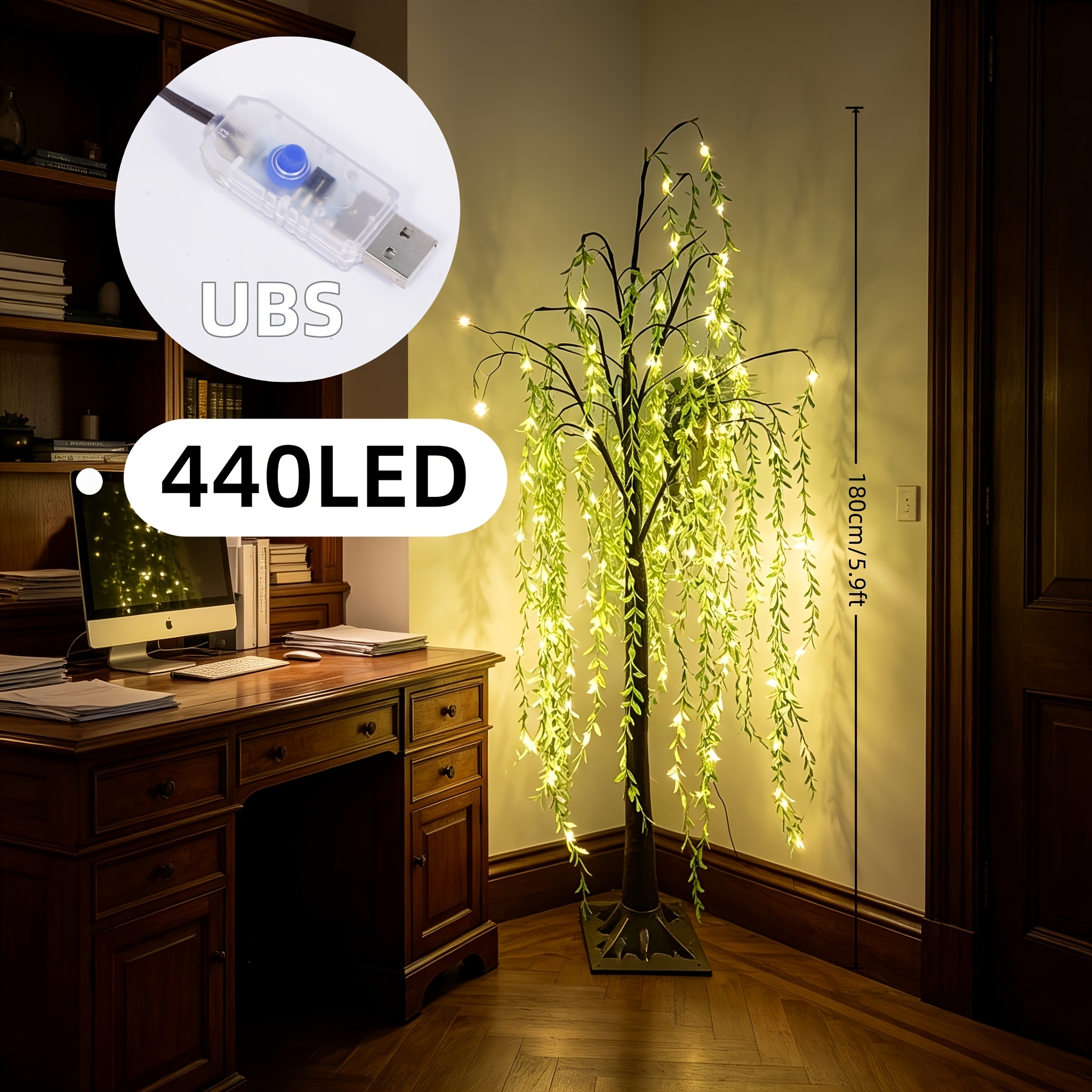 TEMU 1pc Led Lighted Artificial Lamp, Usb Powered Tree, Warm White Artificial Tree, For Spring Summer , Decor, Home Decor