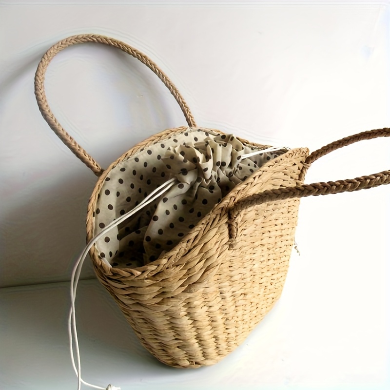 Image of Polka Dot Beach Woven Bag Paper Rope Handbag, Shoulder Bag, Niche Design All-match, Dumpling Shape Drawstring Woven Bag