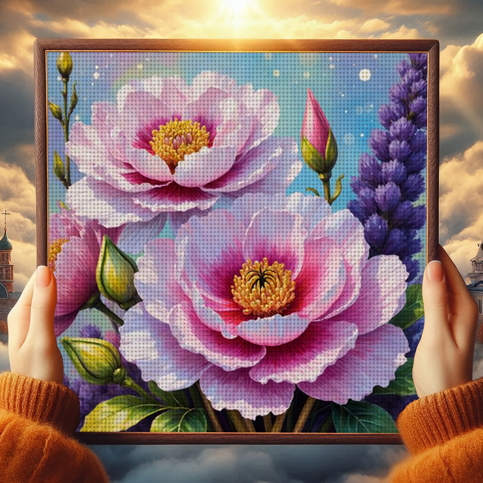 DIY Cross-Stitch Printed Kit, Pink Peonies & Purple Spikes Design