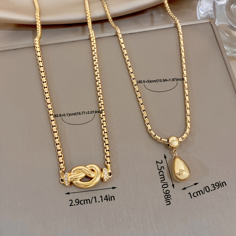 2pc 18K Golden Plated Box Chain Waterdrop & Twisted Dough Pendant Necklace