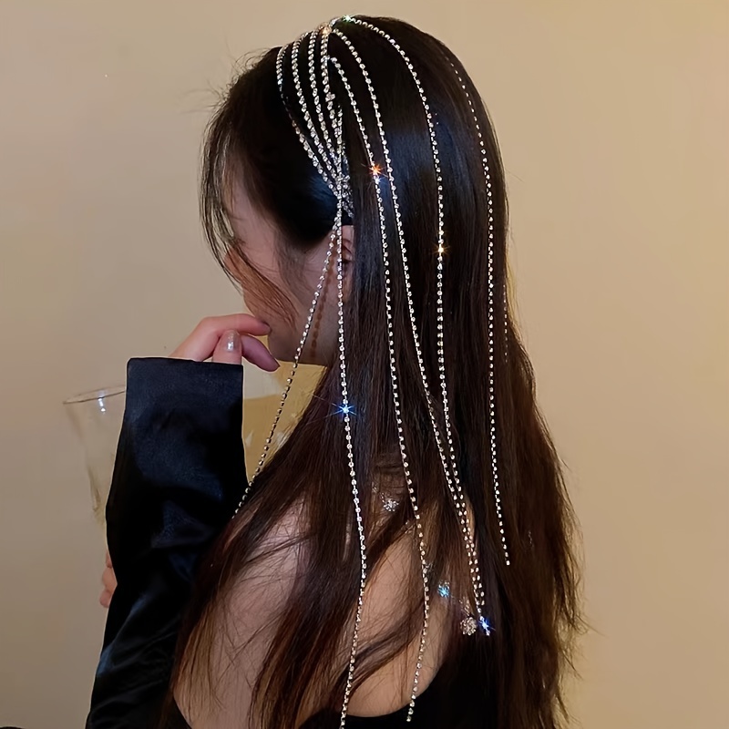 

Elegant Rhinestone Tassel Headband - Hip-hop Punk Style, Alloy Hair Accessory For Women