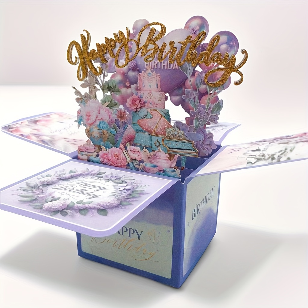 

3d Pop-up Birthday Greeting With And Envelope - Floral Pattern, Cartoon Theme, Birthday Occasion, Paper Material, Special Cut Design - Personalized Celebration Message For Anyone