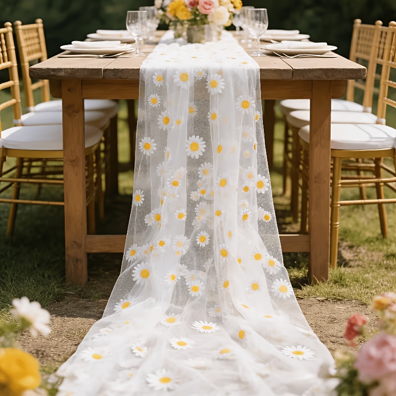 White Daisy Embroidered Mesh Table Runner | Polyester, Floral Pattern, Suitable For Birthday Parties, Weddings, Engagements, And Festive Occasions
