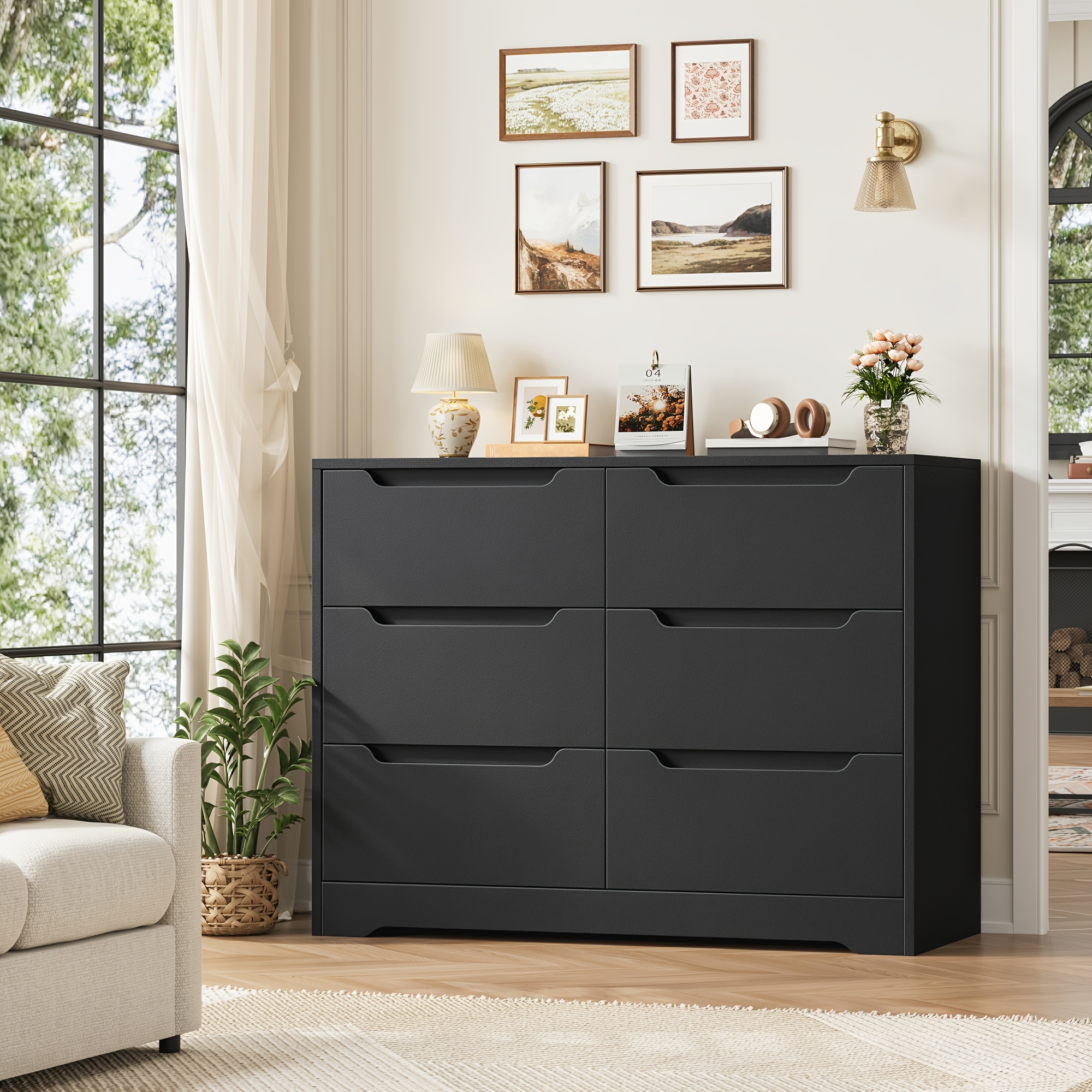 Image of Kealive Modern 6-drawer Chest Of Dresser Black Sideboard Storage Cabinet With Matte End, Wide Bedroom Organizer For Living Room And Hallway