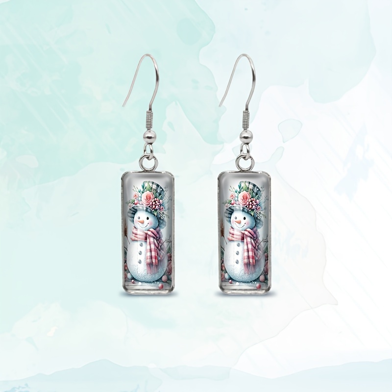Floral Snowman Earrings, Square Glass Design
