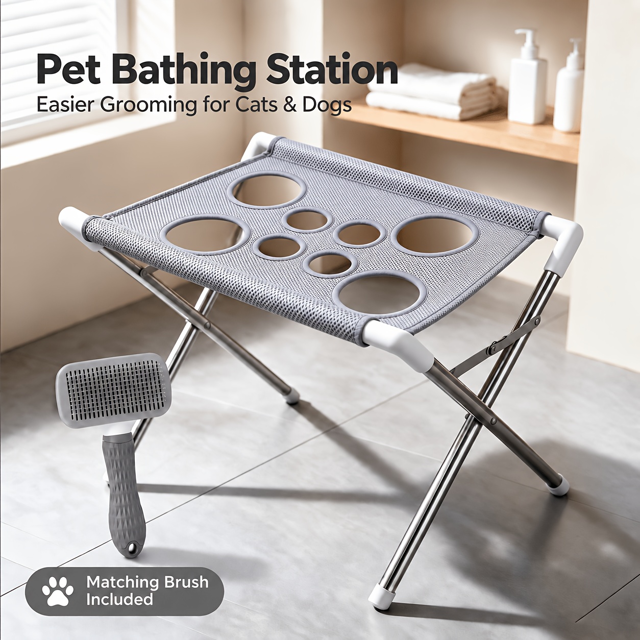TEMU Elevated Pet Bathing Station With Grooming Brush, 2pcs Foldable Dog Bath Hammock Stand For Bathtub, 8-hole Quick Draining Mesh Wash Table For