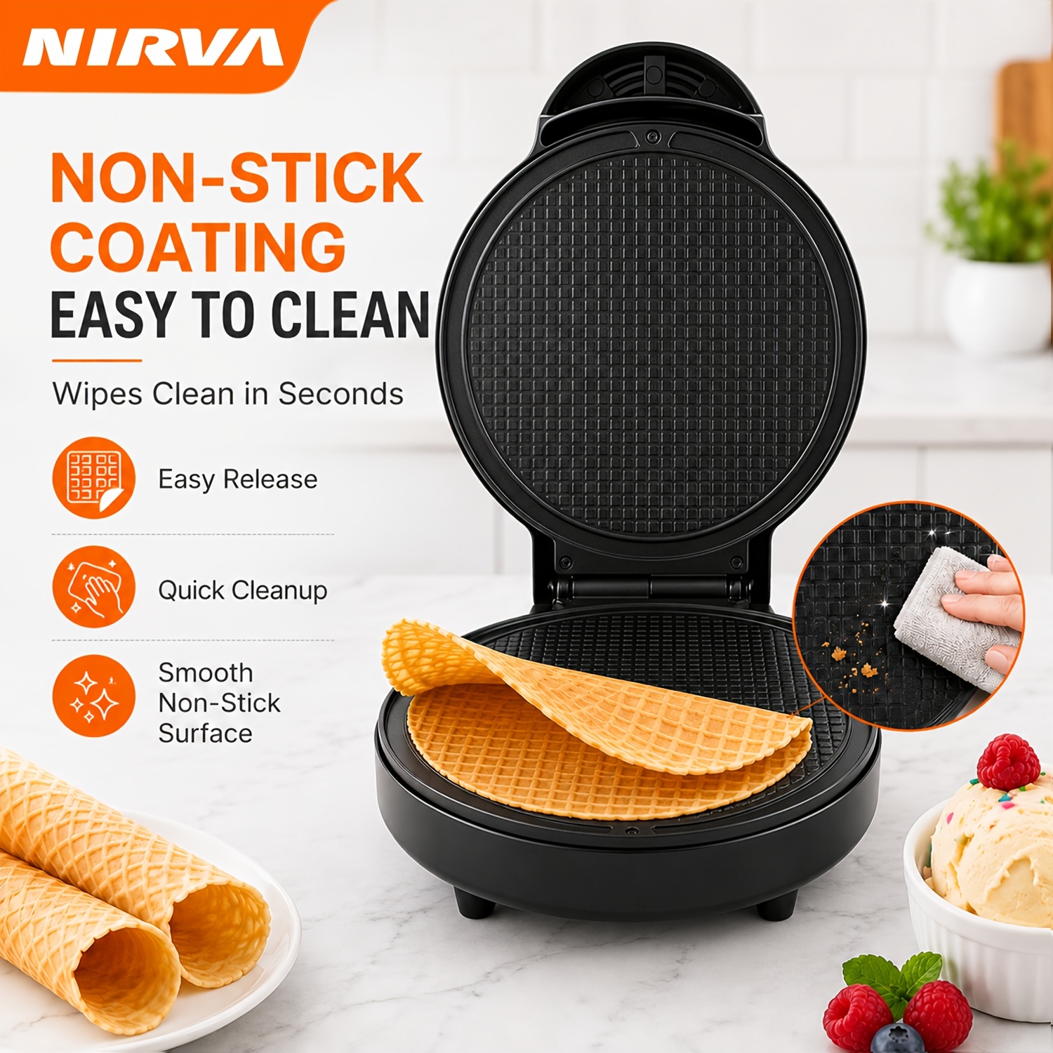 Nirva Electric Waffle Maker Ice Cream Cone Machine, 20cm Egg Roll Maker With Double Sided Heating & Indicator Lights, Multi-functional Maker For Homemade Desserts & Kitchen Baking